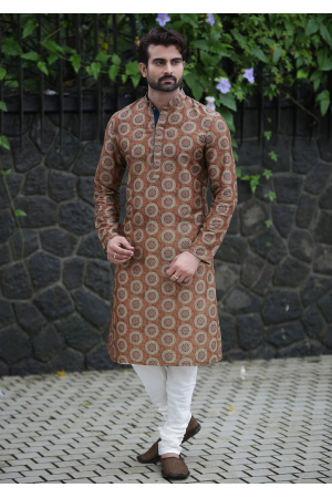 Brown with White Color Silk Fabric Kurta Set